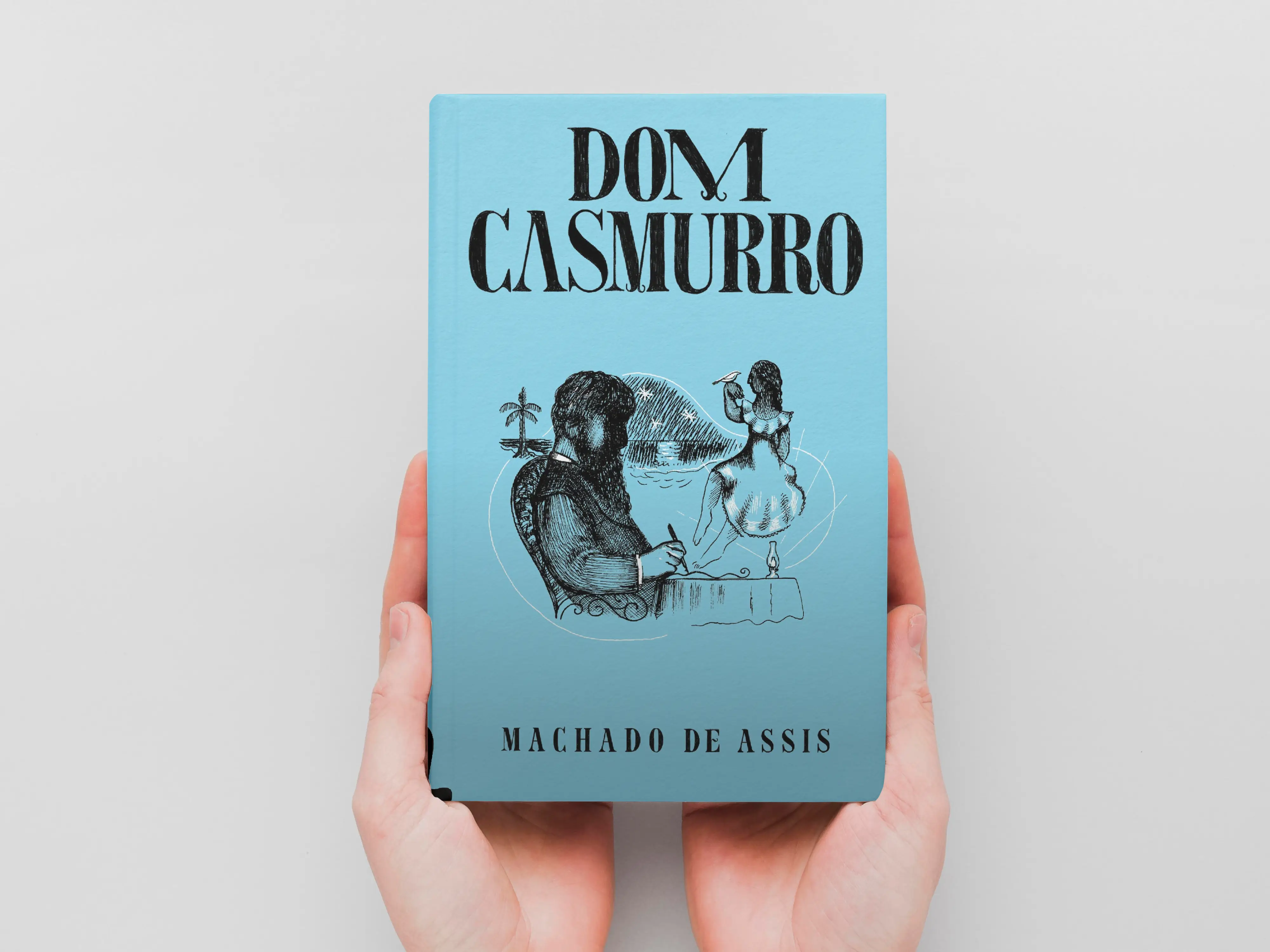 Digital mockup of the cover of 'Dom Casmurro' by Machado de Assis displayed on a tablet screen.