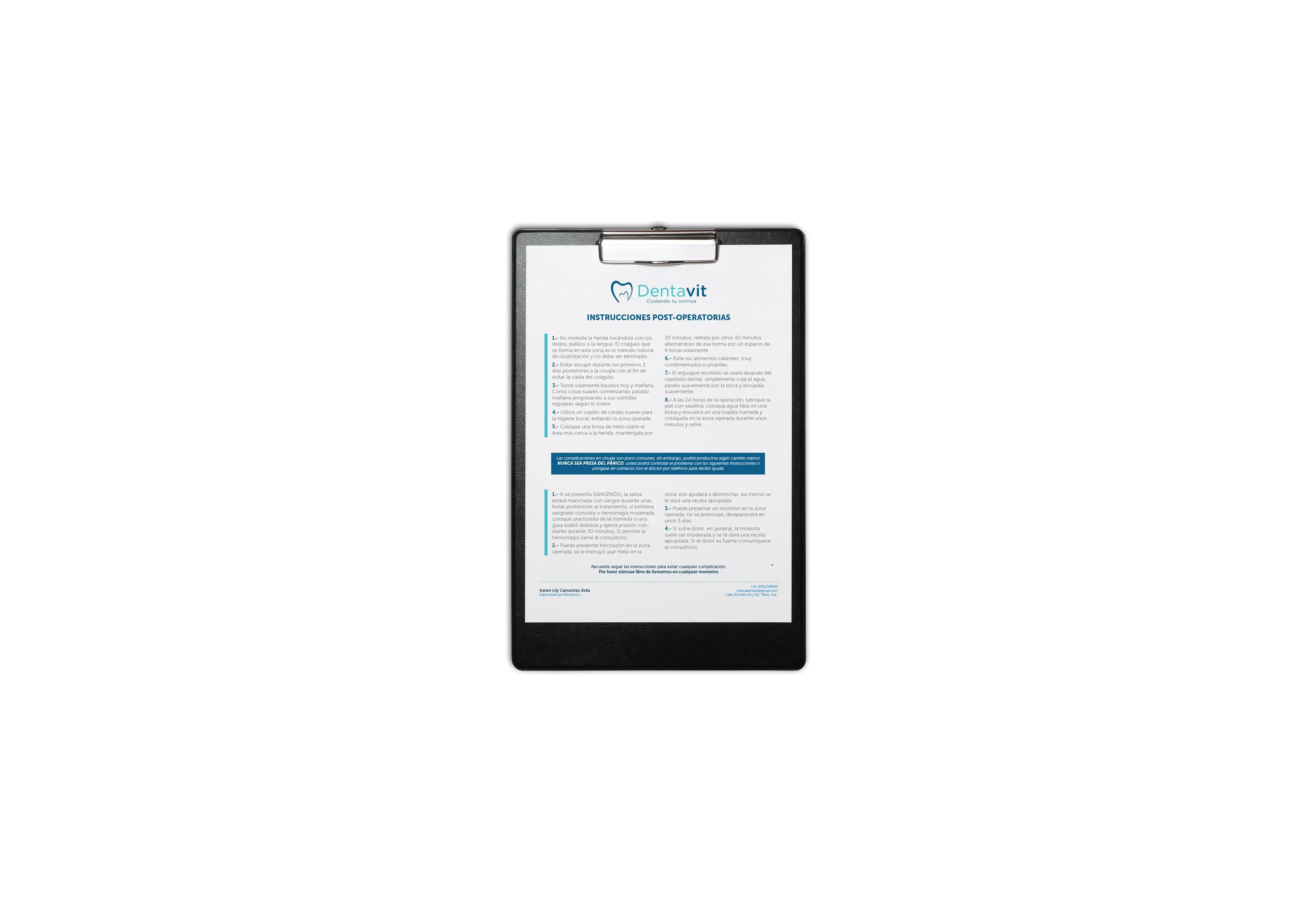 Dentavit post-operative instructions document showing brand applied to clinical patient materials