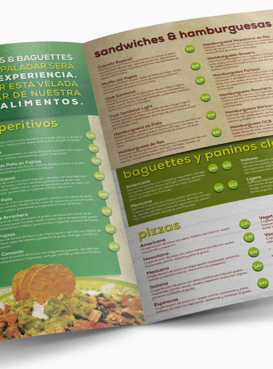 Interior spread of the Pepe's menu showing food items and layout