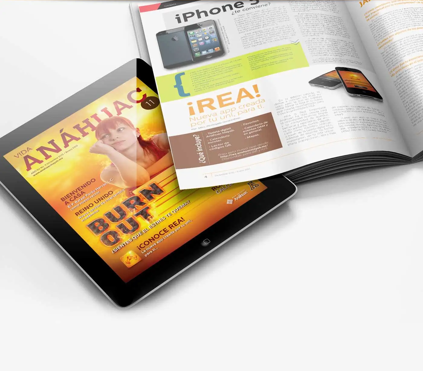 A tablet displaying the Vida Anáhuac magazine cover beside an open spread reviewing the iPhone 5 and featuring REA, a university mobile app.