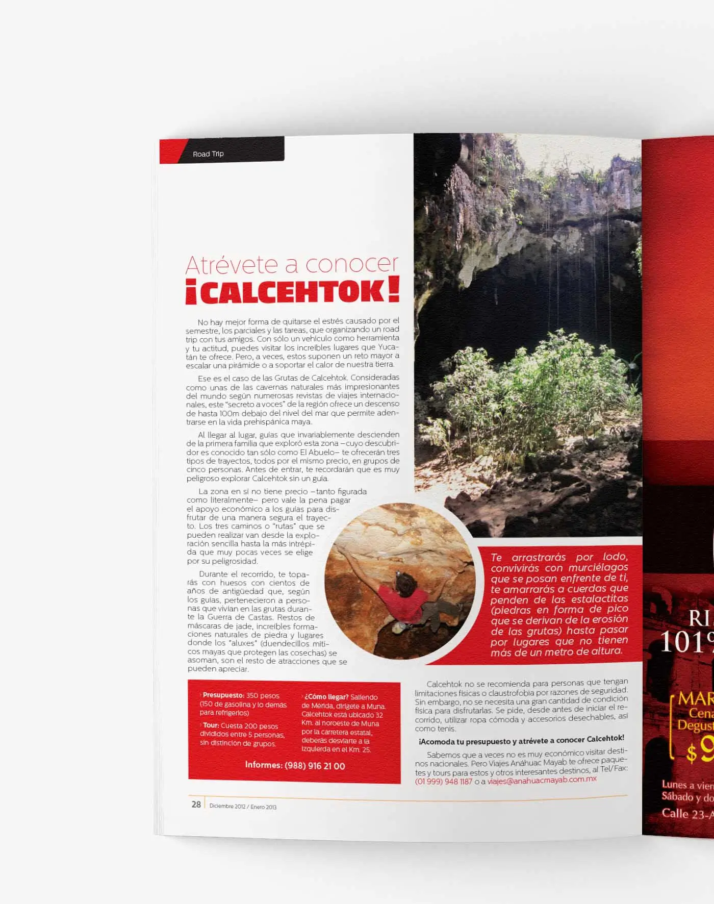 Magazine spread for a road trip feature about the Calcehtok caves, featuring full-page cave photography, a red pull-quote box, and a budget information sidebar.