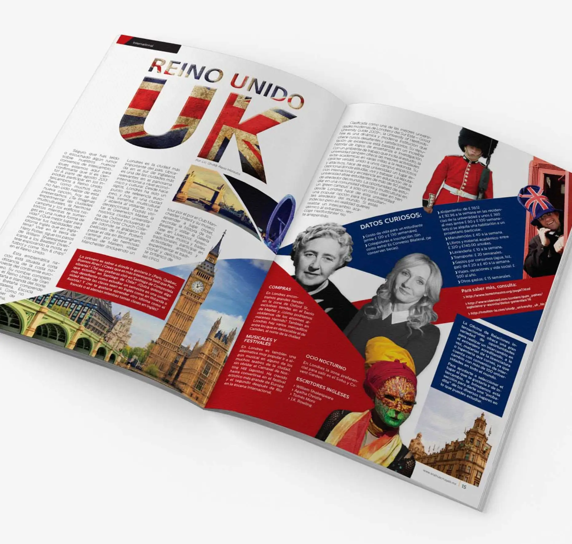 Two-page magazine spread on the United Kingdom, featuring Union Jack-style typography, London landmark photography, portraits of British authors, and a red-white-and-blue geometric grid inspired by the flag.